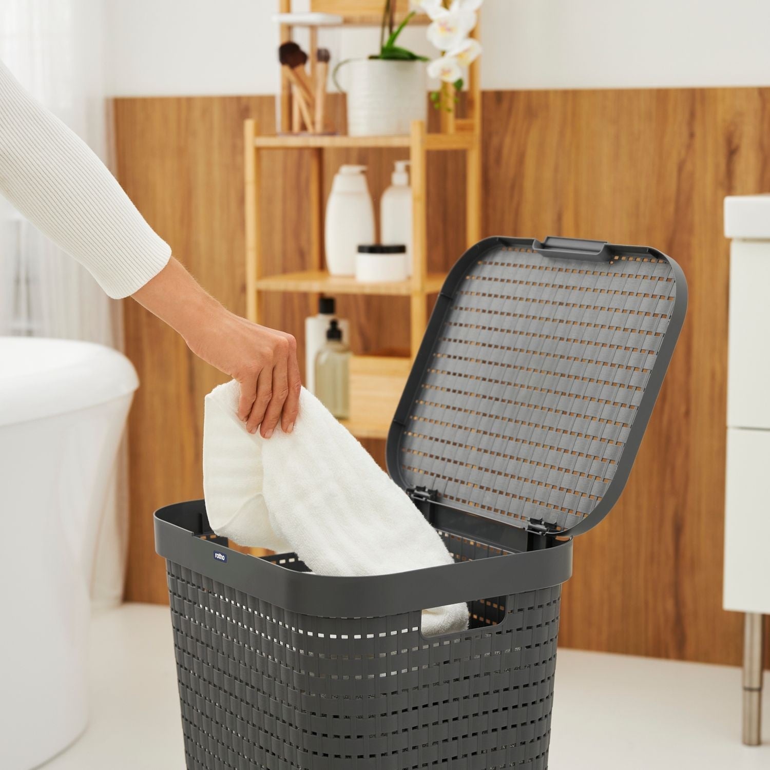 Rotho Country Laundry Hamper 55 L – Grey