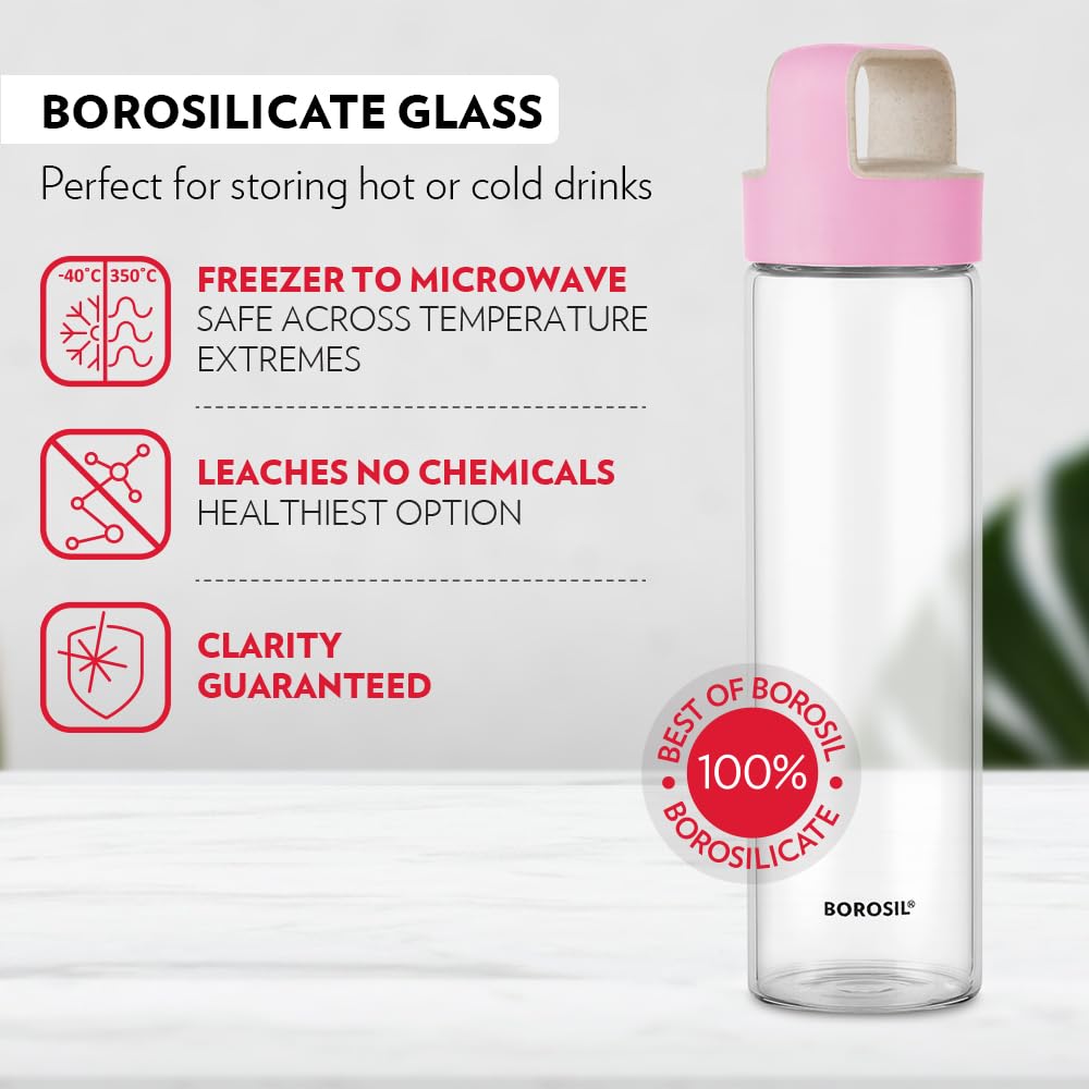 Borosil Neo Glass Bottle 550ml - Pink