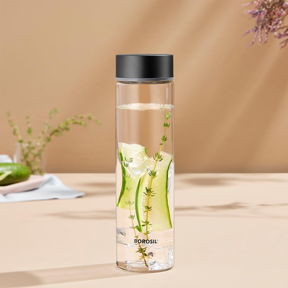 Borosil Neo Glass Bottle With Silver Lid -550ml