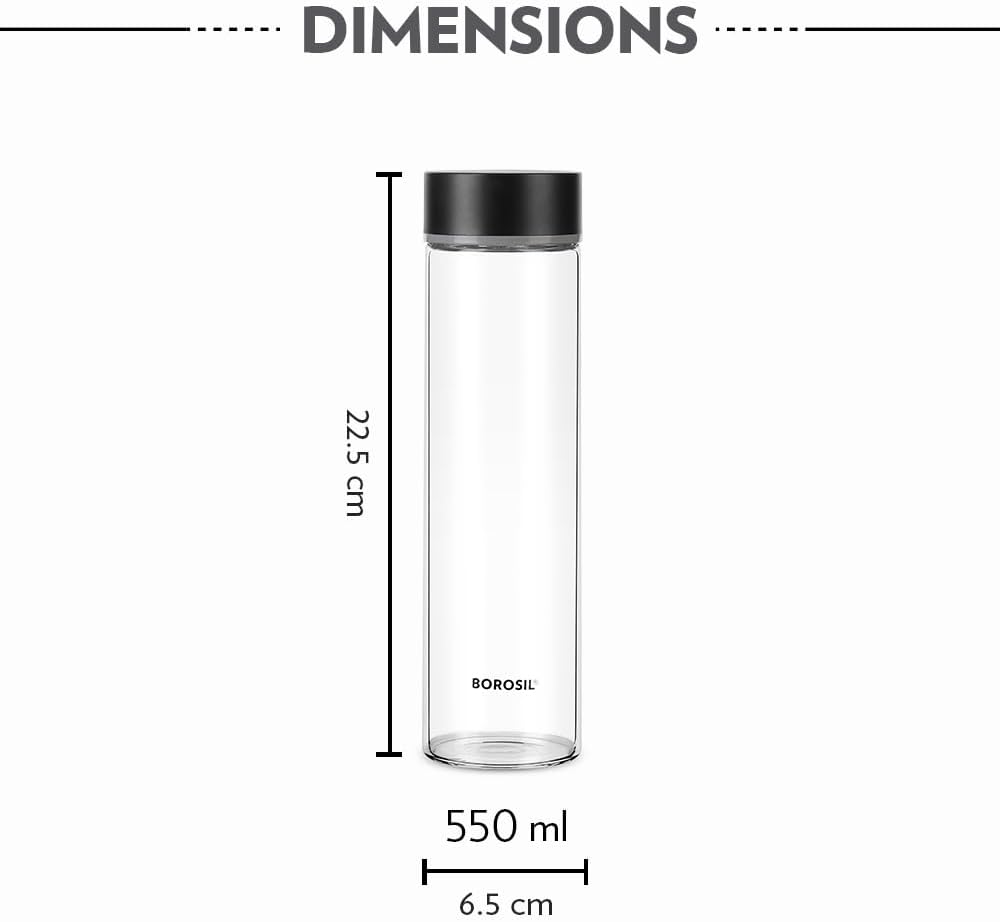 Borosil Neo Glass Bottle With Silver Lid -550ml