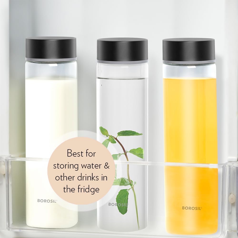Borosil Neo Glass Bottle With Silver Lid -550ml