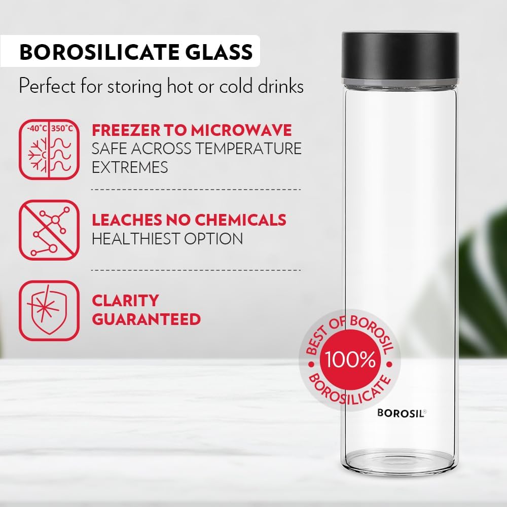 Borosil Neo Glass Bottle With Silver Lid -550ml