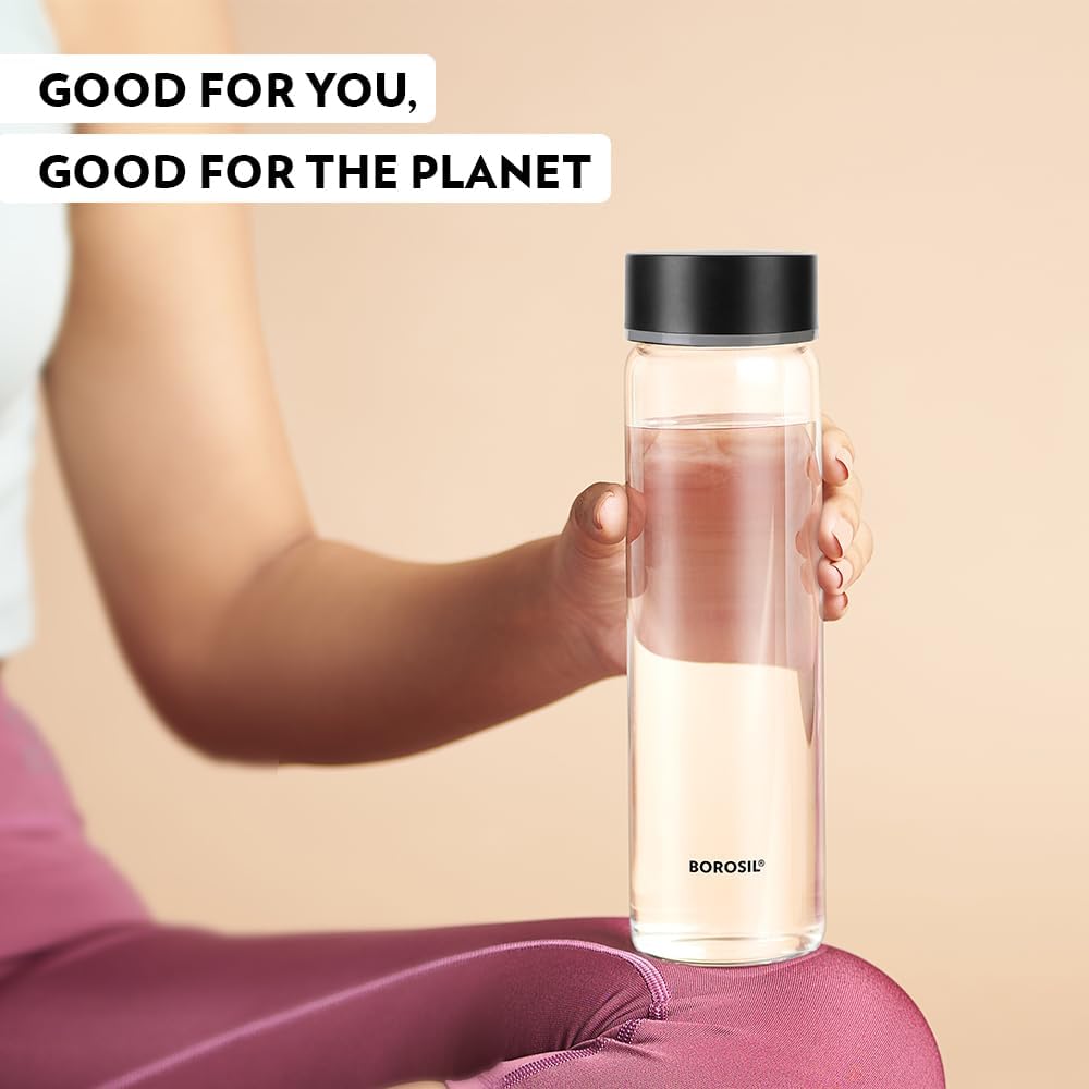 Borosil Neo Glass Bottle With Silver Lid -550ml